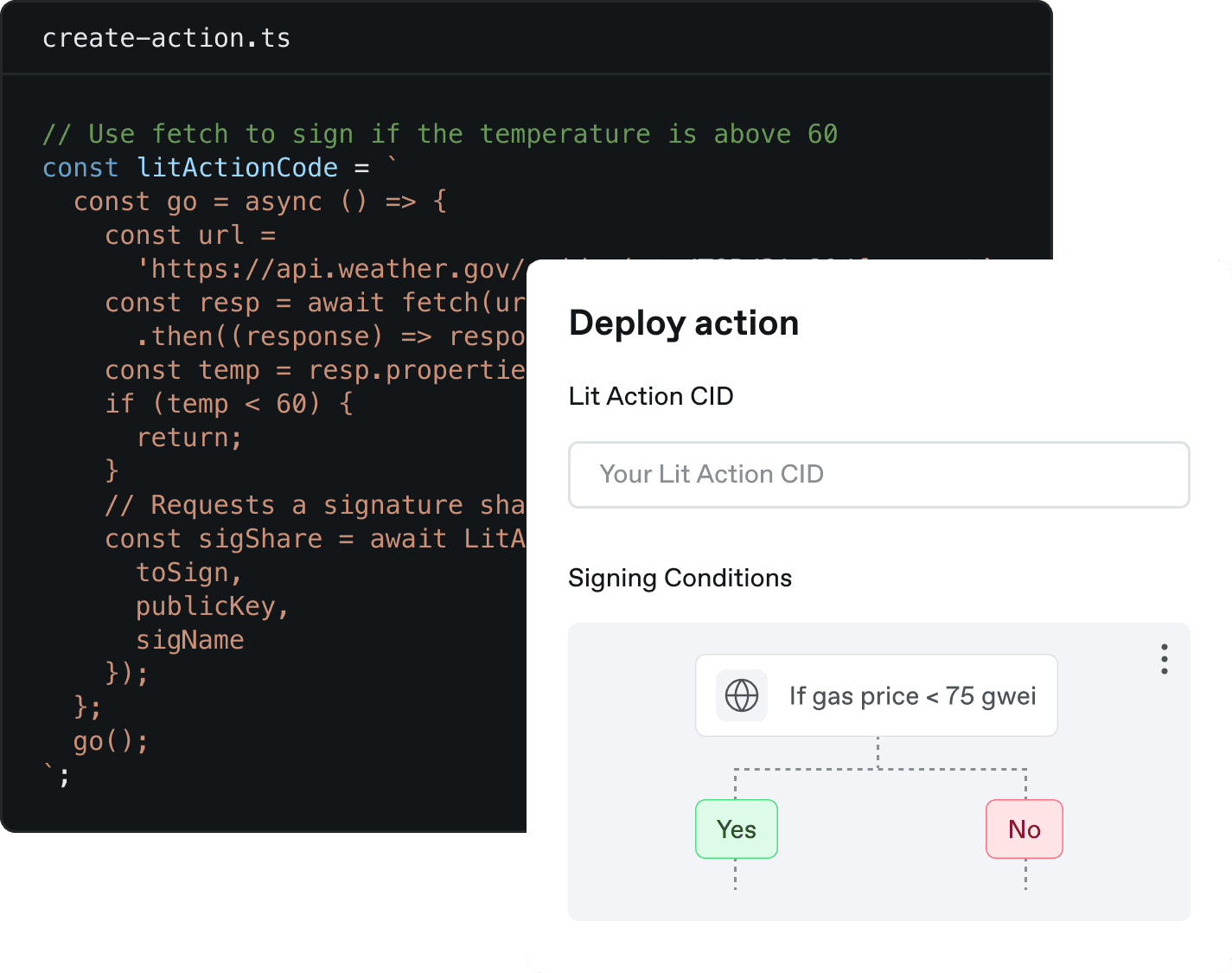 Lit Actions modal for setting up a new action and its signing conditions